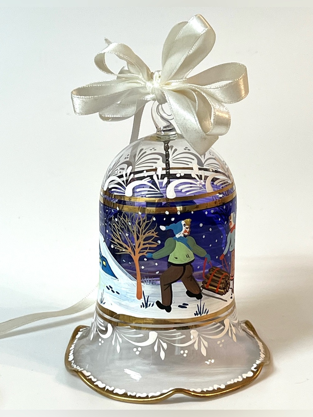 Hand Painted Christmas Bell Plastic Ornament Winter Village Gold Trim White Bow